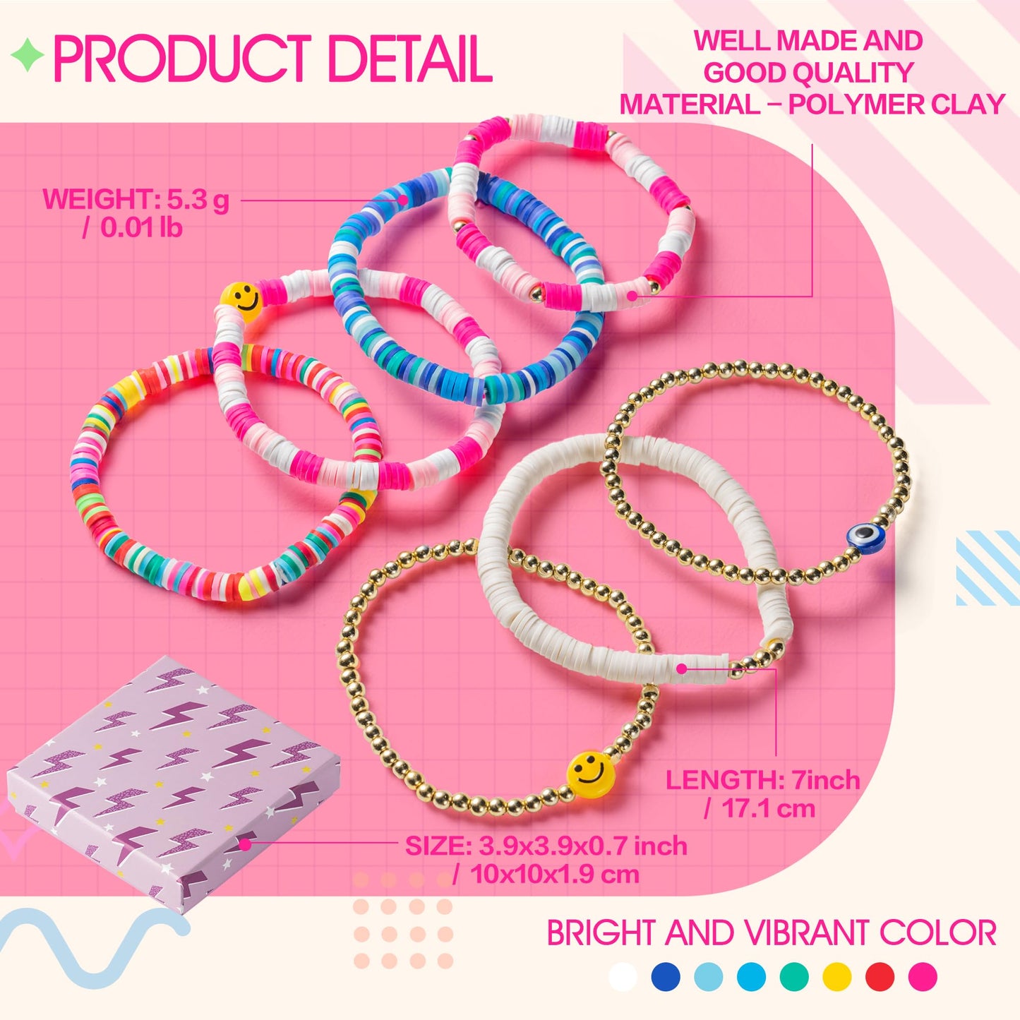 Y1tvei 7Pcs Heishi Surfer Bracelets Set Colorful Preppy Smile Evil Eye Beaded Stretch Bracelets Clay Stackable Boho Disc Y2K Aes