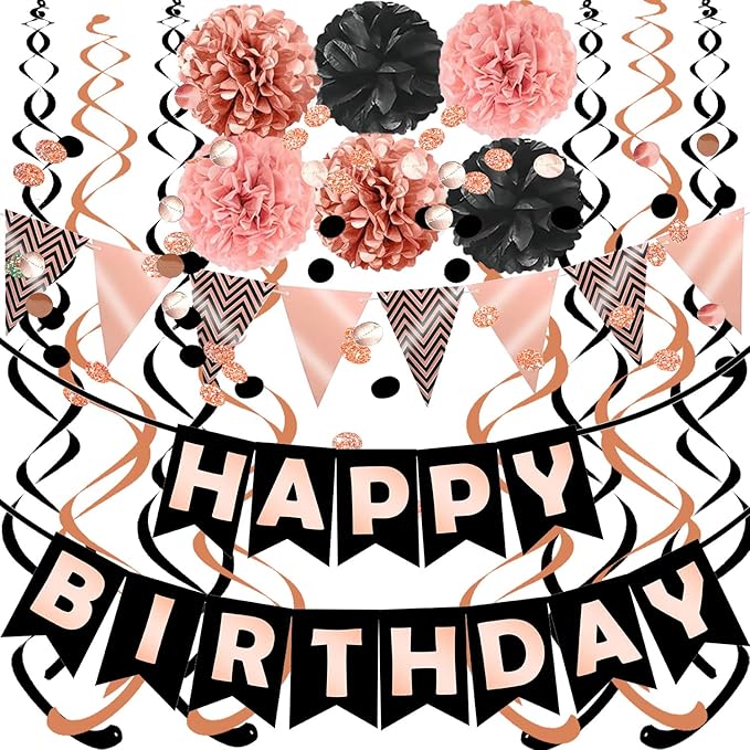 FECEDY Rose Gold Black Theme Happy Birthday Banner Flag Bunting Paper Circle Confetti Garland Swirl Streamers Honeycomb Ba...