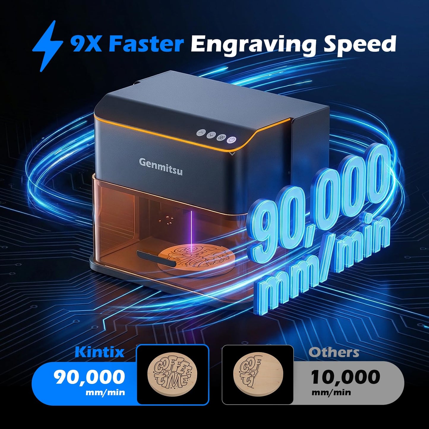 Genmitsu Kintix Laser Engraver 5W 5000mW, 90000mm/min Ultra Fast Galvo Laser with Auto-Lifting, 200x100mm Large Area for Jewelry, Metal, Wood, Compatible with LightBurn, APP Supported, Class 1 Safety