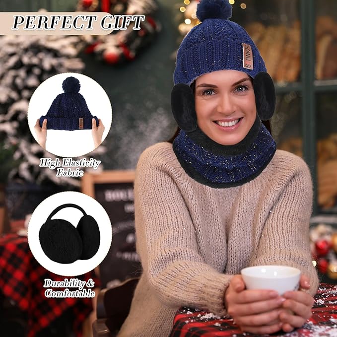 SATINIOR 5 Pcs Winter Hat Scarf Gloves Set Fleece Warm Lined Knit Beanie Hat Touch Screen Earmuff Gloves Warmer for Women(Navy Blue,Classic Style)