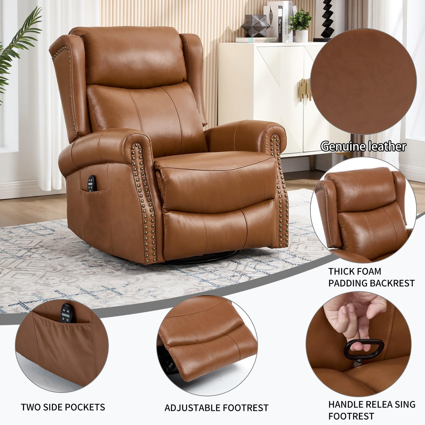 KEIKI Heat Massage Recliner Chair with Rocker & 360° Swivel, Manual Handle Reclining Lounge Chair with Lumbar Heat, Vibration Massage & Cushion Back for Living Room, Dark Yellow