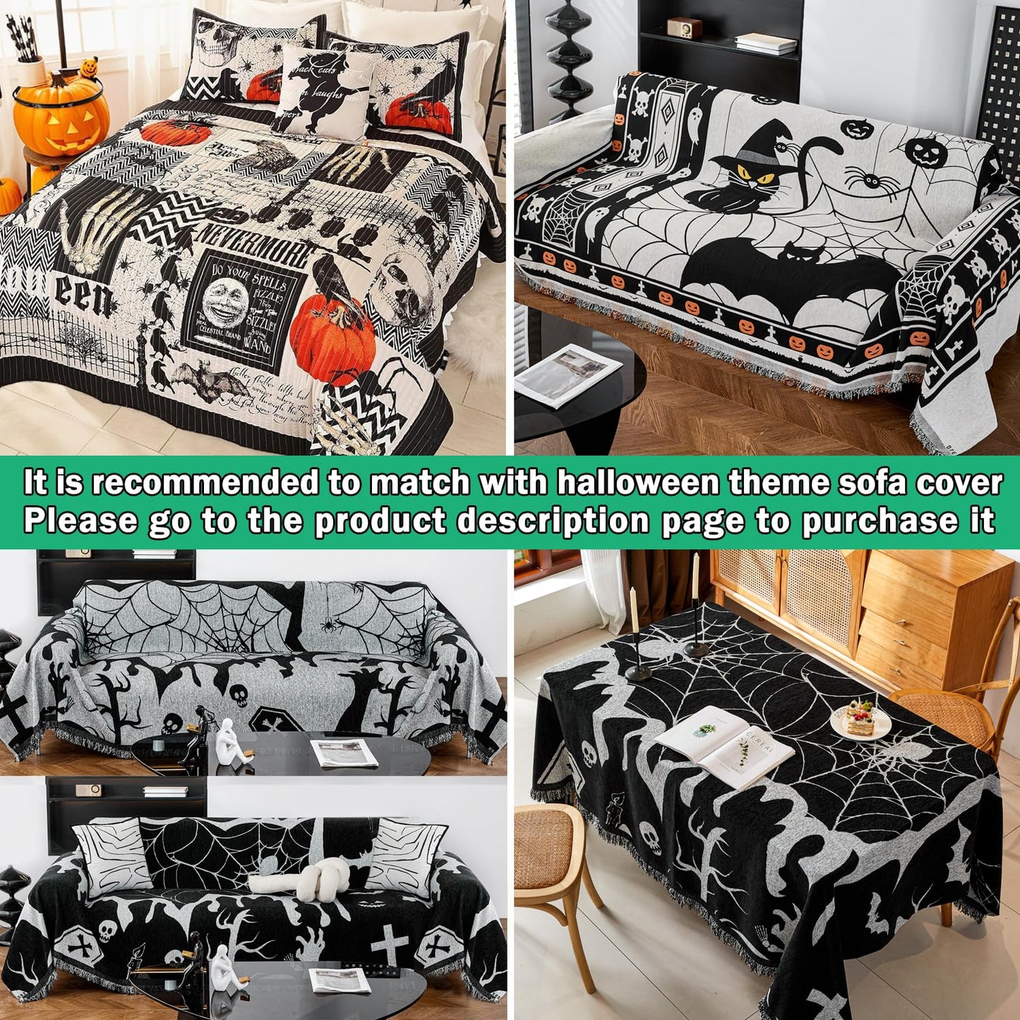EVENHUG Halloween Theme King Size Quilt Bedding Set with 3 Pillow Shams Lightweight Soft Bedspread Coverlet Halloween Holiday Bed Cover for Bedroom Home Decoration 104x90 Inch