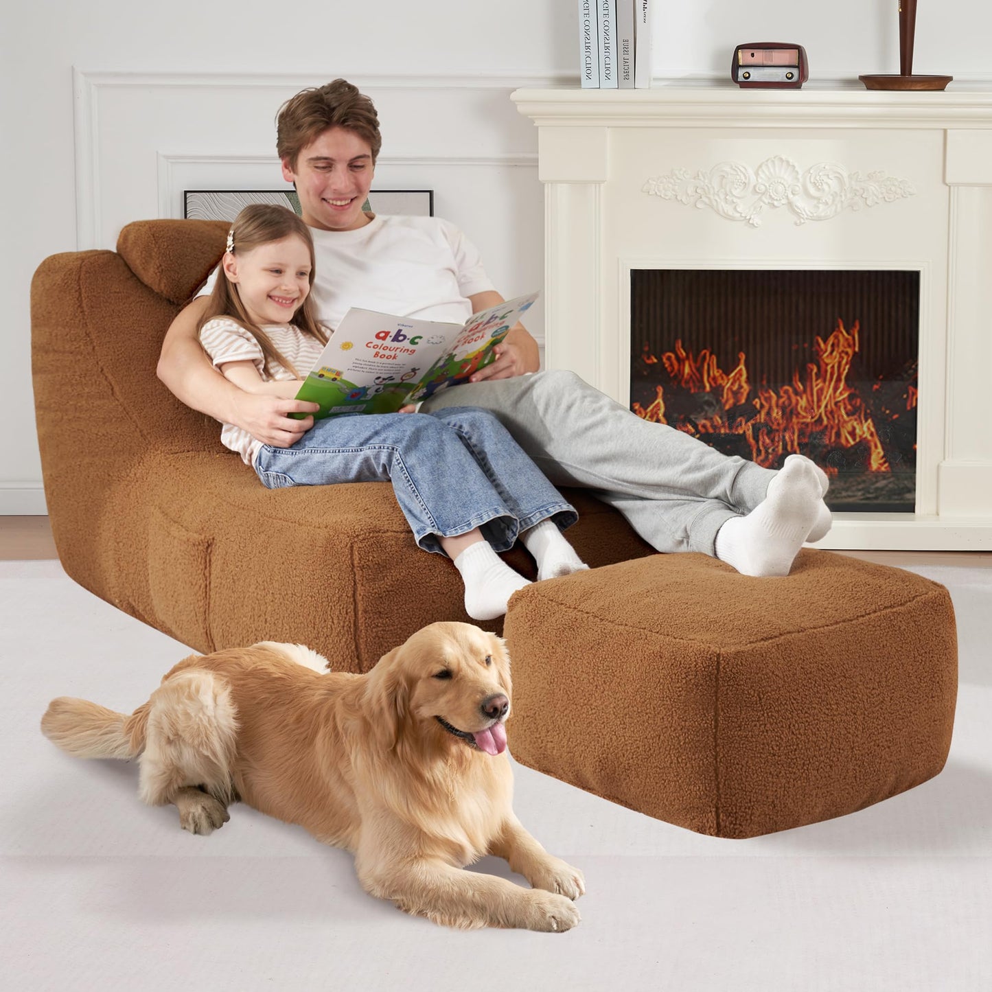 HABUTWAY Giant Bean Bag Chairs for Adults with Ottoman&Storage Pocket, Big BeanBag Chair Large Bean Bag Couch with Memory Foam Filled, Soft Faux Fur Bean Bag Sofa for Living Room(TEDDYBROWN)