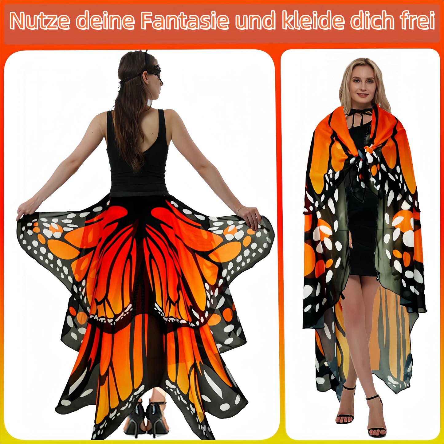 Halloween Costumes for Women Adult Double-Sided Butterfly Costumes Wing Cape Shawl 3Pcs （Orange&Red）