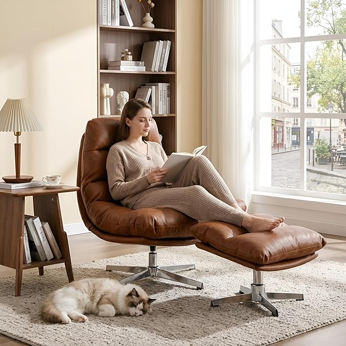 BESTANO Swivel Accent Chair with Ottoman, Mid Century Modern Faux Leather Lounge Chair with footrest, Comfy Oversized Armchair with 360 Degree Metal Base for Living Room/Bedroom, Brown