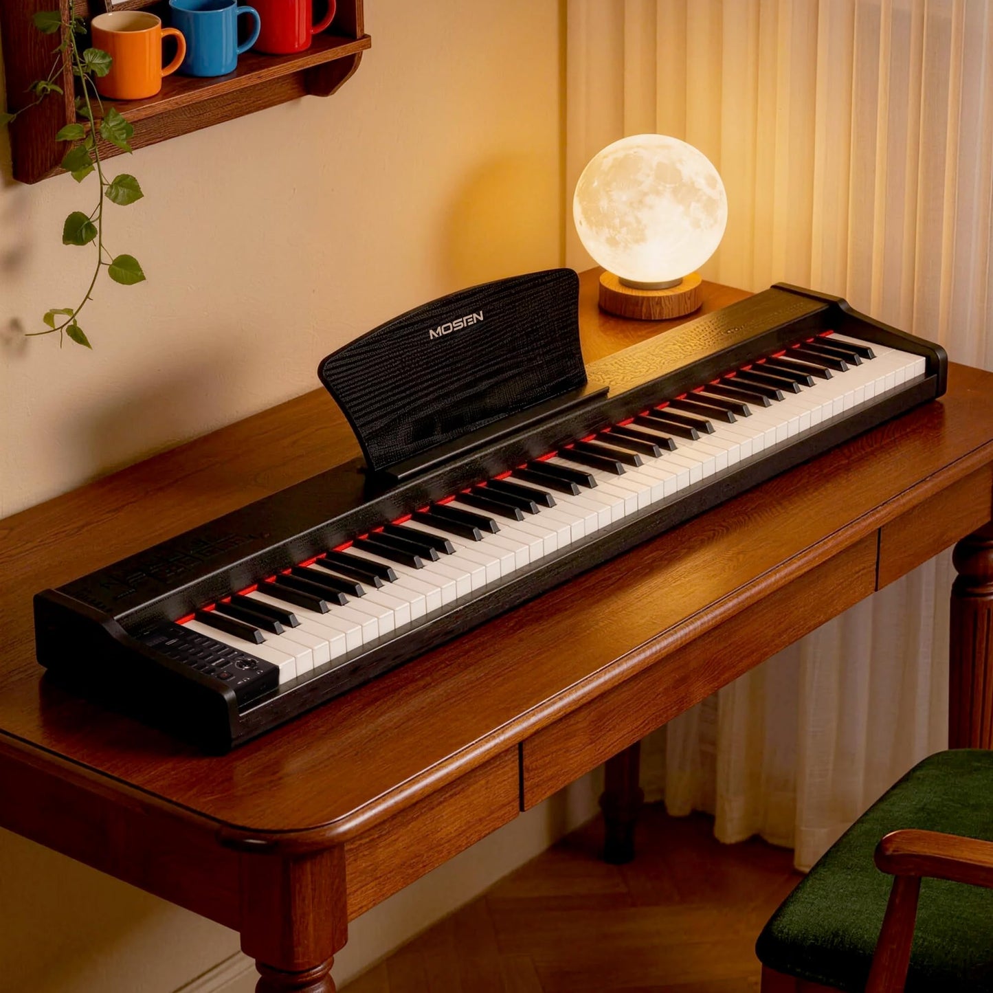 MOSEN Piano Keyboard 88 Keys, Beginner Digital Piano with 88 Key Velocity-Sensitive Keyboard Full Size, Record, Chord, Piano Stickers, Sustain Pedal, Retro Wood Finish Black