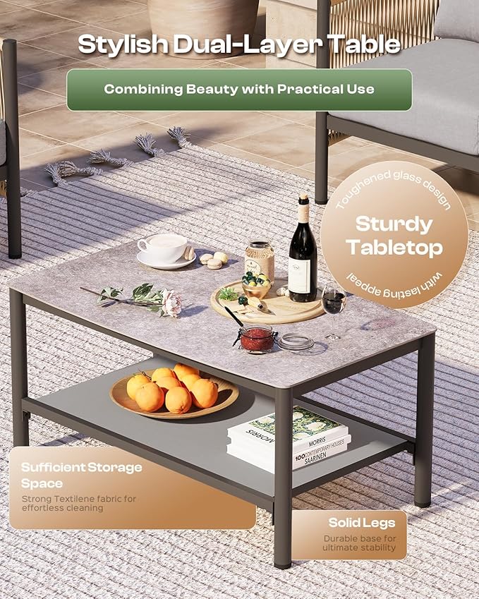 Aluminum Outdoor Patio Furniture Set with Dual-Layer Coffee Table, 5 Piece Modern Patio Conversation Sets with PE Rope, Outdoor Sectional Sofa with Thick Cushions for Balcony, Deck, Gray