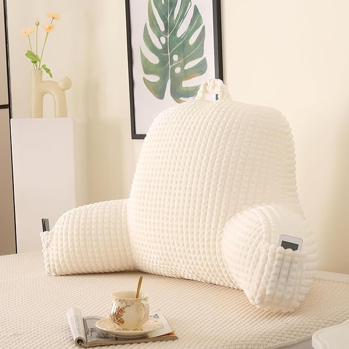 PAJEO Reading Pillow for Sitting in Bed, Large Backrest Reading Pillow with Arm Rest,Back-Rest Support Cushion for Sit Up on Couch, Sofa, and Floor, Dorm Essentials (Cream Flannel, Large(19"))