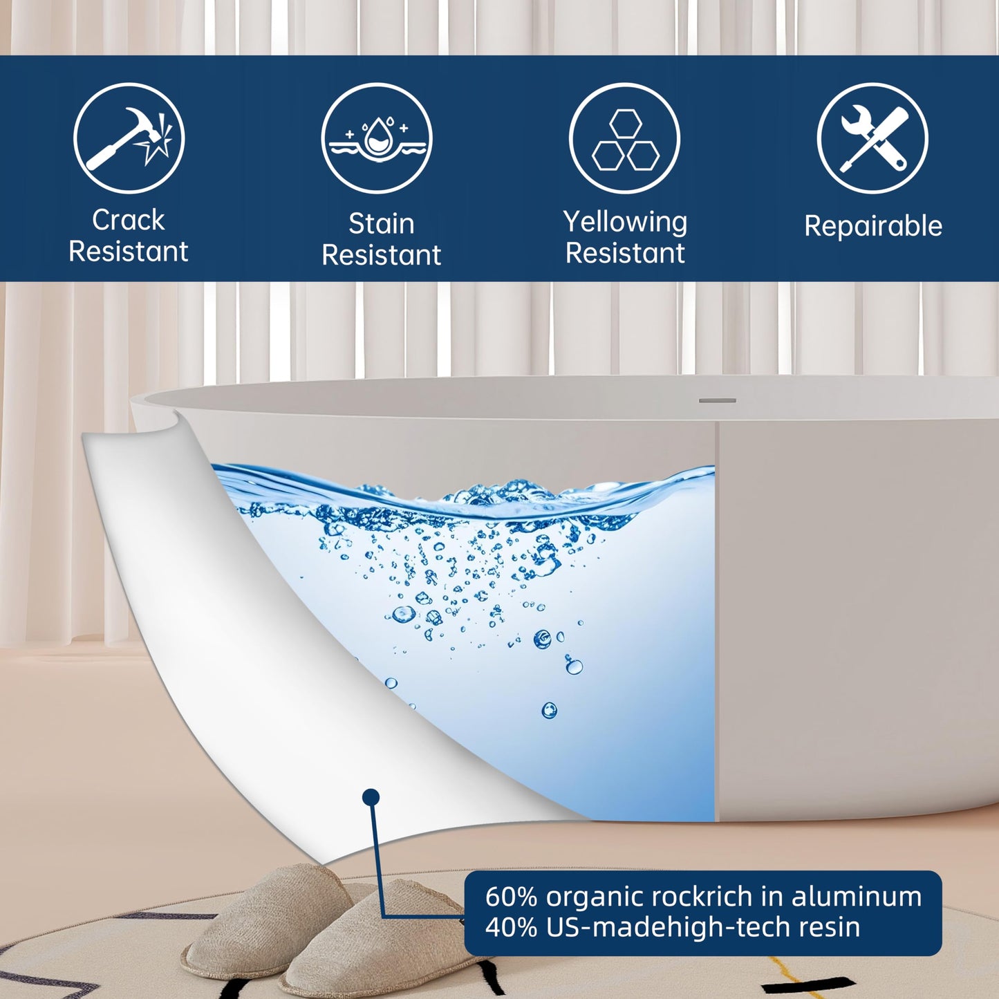 MEDUNJESS 65'' Freestanding Bathtub Resin Stone Soaking Freestanding Tubs Matte Solid Surface Flatbottom Tub with Overflow and Pop-up Drain - White…