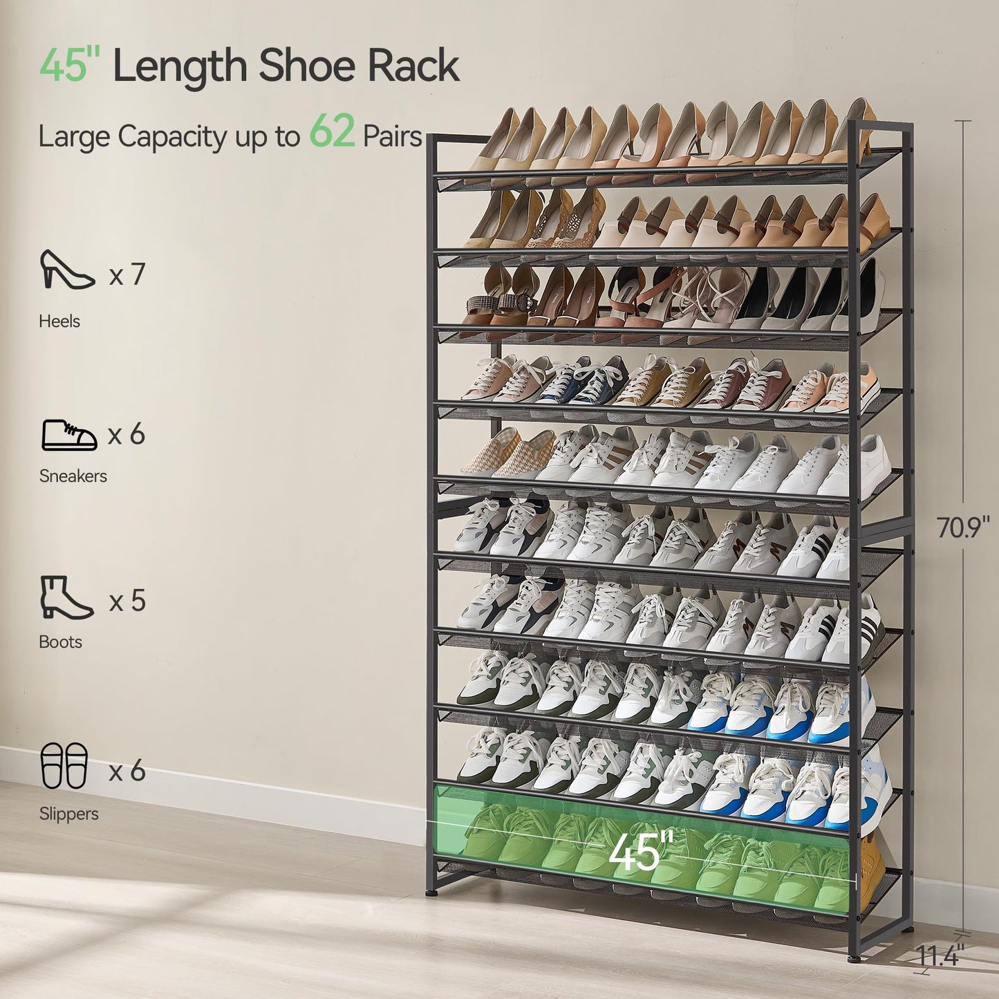 Nunsino Shoe Rack, Long Shoe Organizer,Max Holds 62 Pairs,10 Tier Metal Shoe Storage Shelf,5-Tier Stackable Shoes Organizer for Garage, Entryway,Black