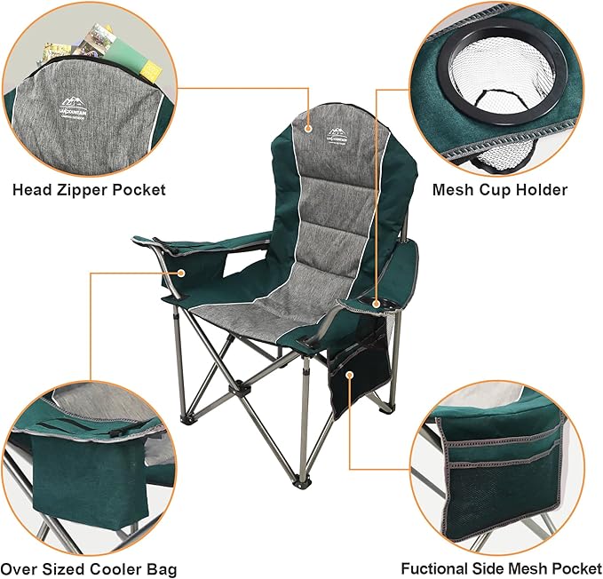 LANMOUNTAIN Camping Chairs for Adults,High Back Folding Camp Chair with Cup Holder and Cooler Bag,Heavy Duty Outdoor Lawn Chairs,Perfect for Camping,Hiking,Picnics,and Beach Trips,Dark Green…