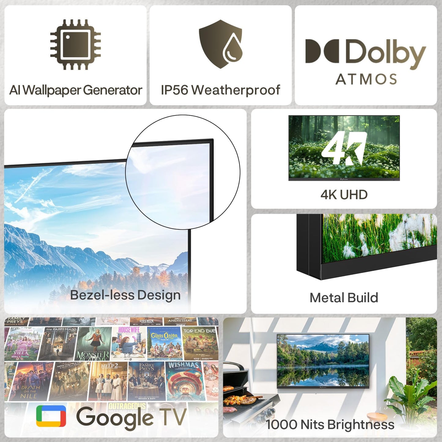 SYLVOX 55 inch Outdoor TV, Ultra-Narrow Bezel, 4K Smart Google TV, 1000 nits Partial Sun, IP56 Waterproof, Dual Speakers, All-Weather Metal Chassis for Patio, Deck, Backyard (Frameless Series)