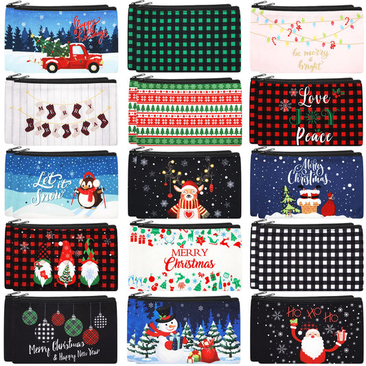 Saintrygo 30 Pieces Christmas Gift Makeup Bags Plaid Cosmetics Bag Merry Christmas and Santa Goodie Bags with Snowman, Reindeer, Multicolor