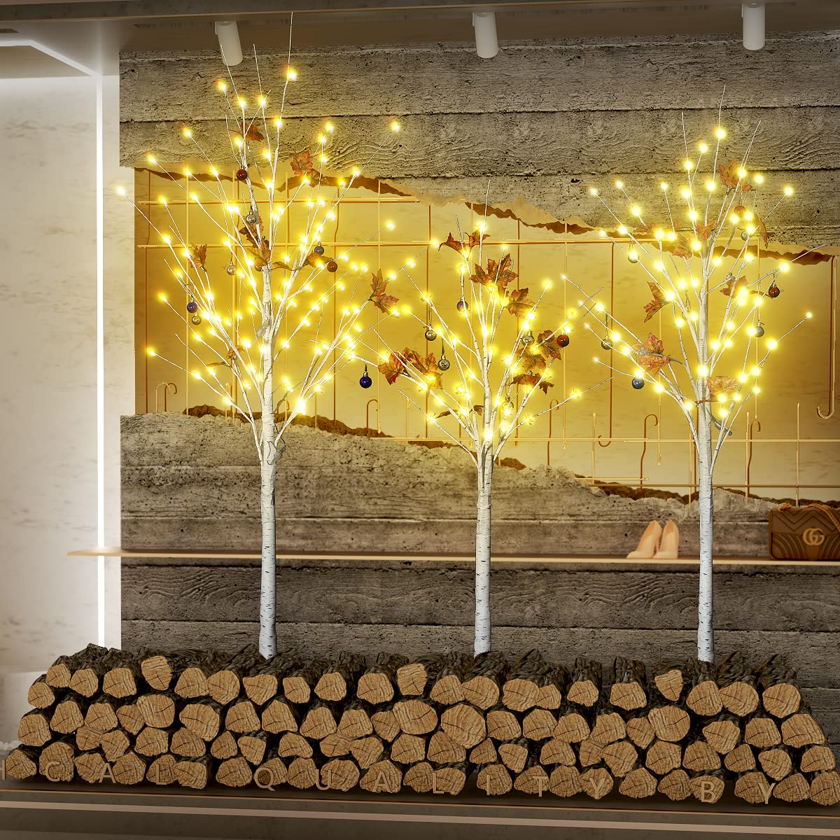 Set of 3 Birch Tree with LED Lights, 4FT 5FT 6FT Prelit Christmas Tree, Lighted White Artificial Tree for Indoor Outdoor, Thanksgiving Christmas Seasonal Holiday Decoration