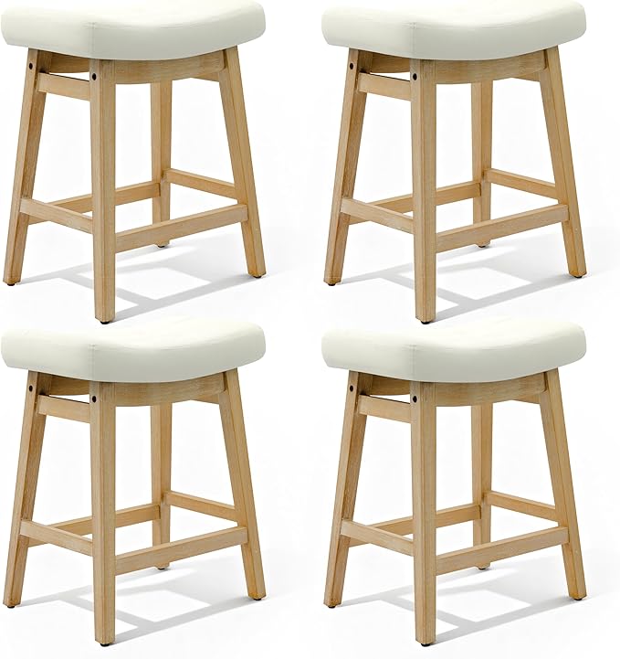 RNKSFX Counter Height Bar Stools Set of 4 for Kitchen Counter Backless Farmhouse Kitchen Island Barstools with Upholstered Faux Leather Saddle Seat and Solid Wood Legs Modern 24 inch Bar Chairs, White