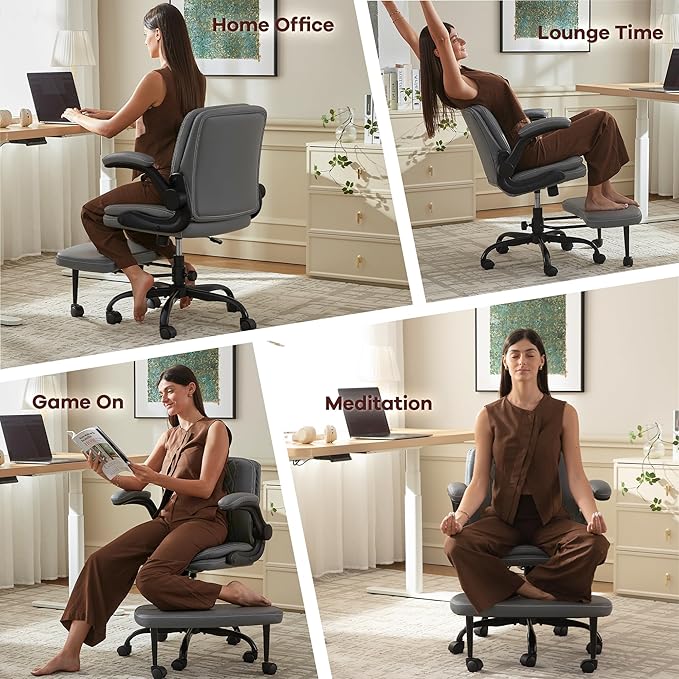 AreShark Cross Legged Office Chair: ADHD Criss Cross Desk Chair with Wheels & Stretchable Rotating Footrest - Height Adjustable Wide Yoga Kneeling Meditation Chair with Flip-up Armrests Back Support