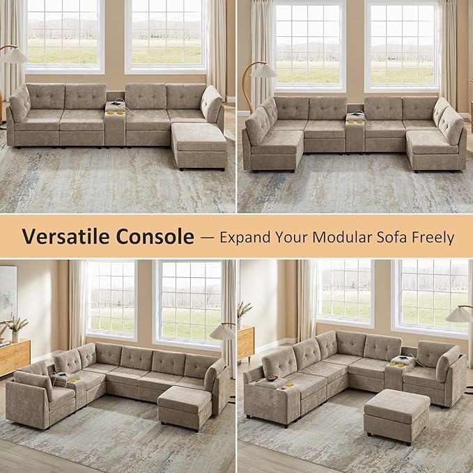 VANOMi 4 Seater Modular Cloud Sofa with 2 Ottomans, 118" Sectional Sofas & Couches for Living Room, Comfy Chenille Cloud Sectional Couch Sofas for Living Room, Apartment, Office, Camel, U Shaped