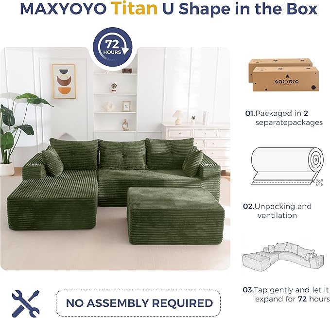 MAXYOYO 104" U-Shaped Modular Sectional Couch, Modern Boneless Couch for Living Room, Sofa in A Box, Oversized Sofa Sleeper with Deep Seat, No Assembly Required, Green