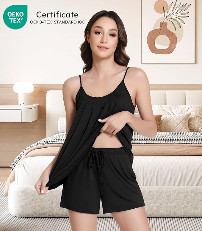 NACHILA Pajamas for Women-Viscose from Bamboo, Ribbed Racerback Tank Top Sexy Split Shorts Pajama Sets Cooling Sleep Cami Pjs