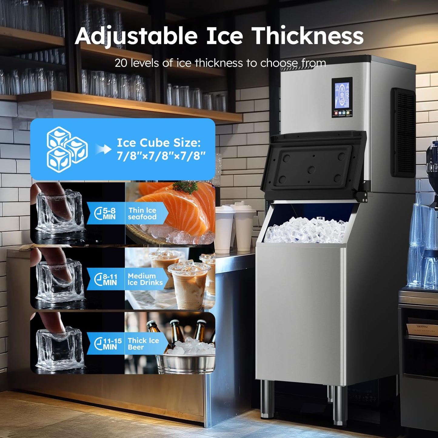 Commercial Ice Machine 850LBS/24H,Storage 460LBS,Large Industrial Ice Maker,Ice Ready in 5-15min,with Self-Cleaning Mode,with Timing Function,30 Levels of Ice Thickness Adjustment,Stainless Steel