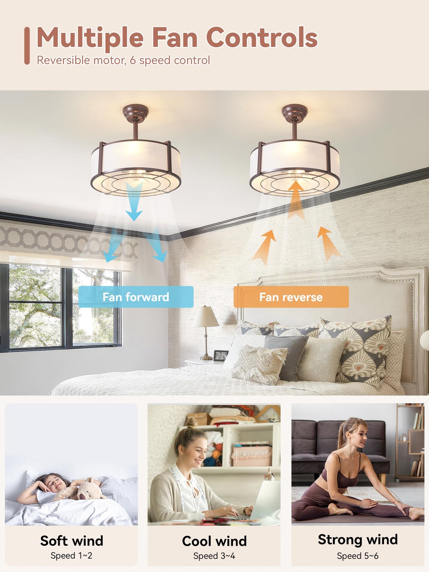 Ymkskj 20 Brown Fandelier Ceiling Fans With Lights, Boho Rattan Ceiling Fan With Light Remote Control, Caged Mid-Century Modern