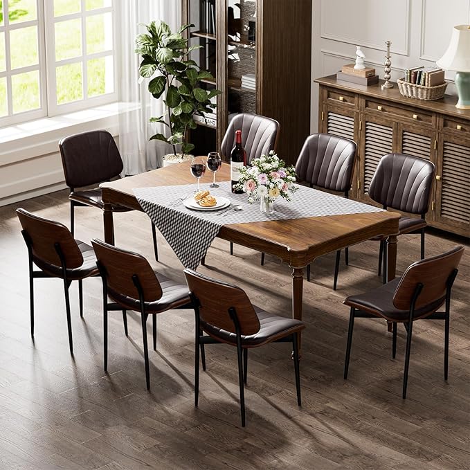 YaFiti Dining Chairs Set of 4, Dining Room and Kitchen Chairs, Mid Century Modern Accent Chair, Upholstered PU Leather Chairs for Vanity with Walnut Bentwood and Metal Legs, Brown