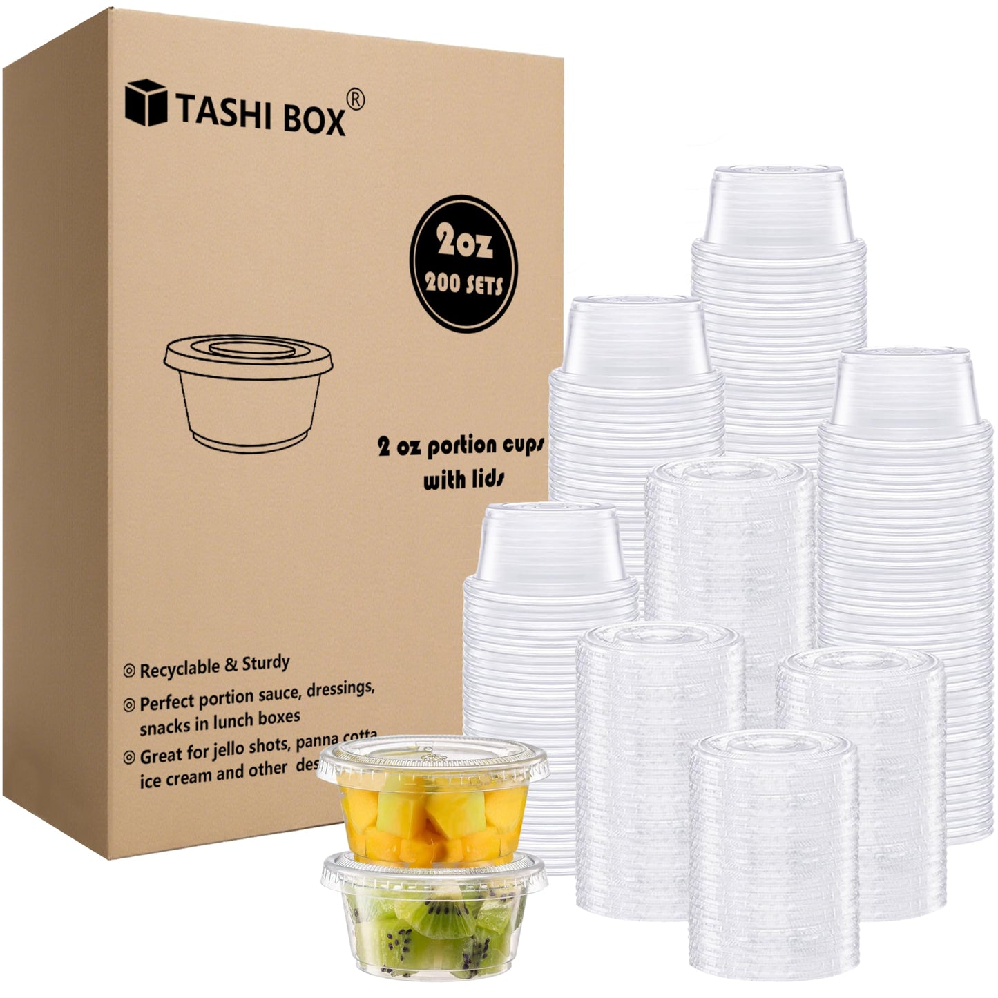 TashiBox Plastic Portion Cups with Lids [2 Ounce, 200 Sets] Disposable Plastic Cups for Meal Prep, Salad Dressing, Jellos Shot Cups, Souffle Cups, Condiment & Dipping Sauce Cups