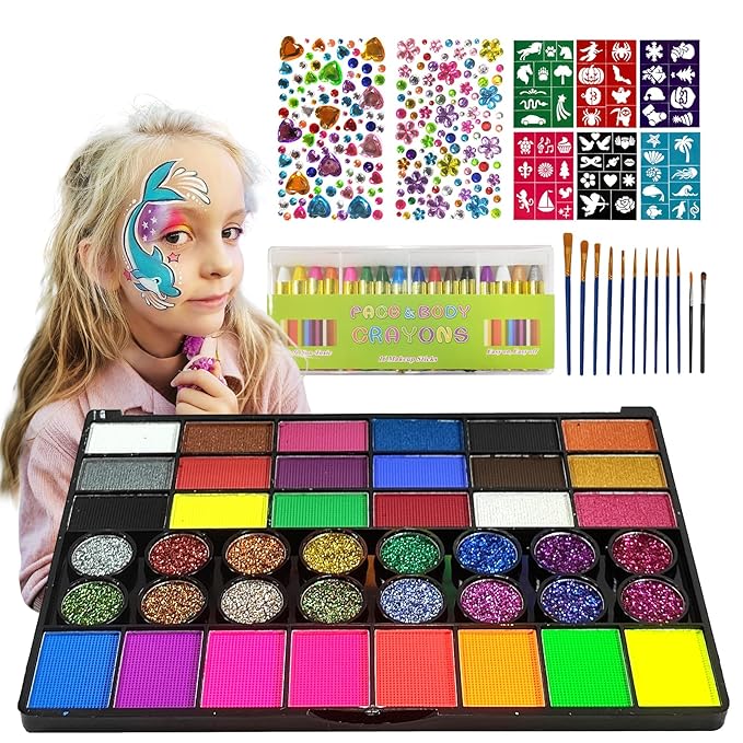 SAM SUGAR Face Painting for Kids 42 Colors Non-Toxic Vibrant Colors Professional kids face painting with 16 Crayons 56 Sticky Stencils 12 Paint Brushes for Halloween Parties