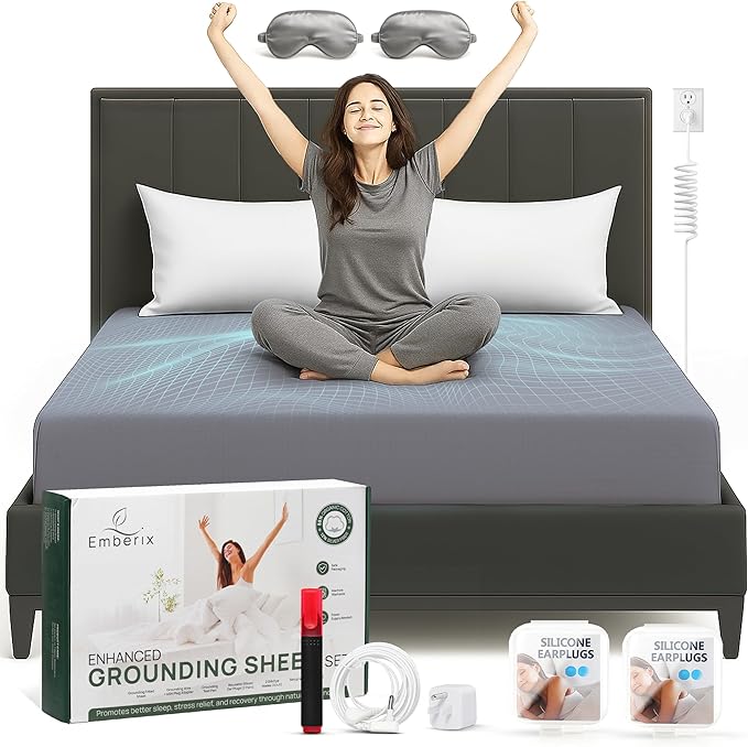 Emberix Grounding Sheets Queen Size, 12% Pure Silver Fiber Earthing Bed Sheet, 88% Cotton Naturally Soft & Cooling, Grounded Bed Sheets with Eye Masks & Ear Plugs for Rest & Wellness (Gray)