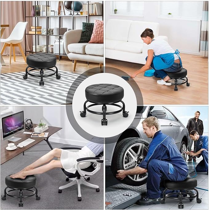LWADALN Low Roller Seat Low Height Rolling Stool PU Leather Rolling Stool, Modern Rolling Chair for Home Office Garage Shop