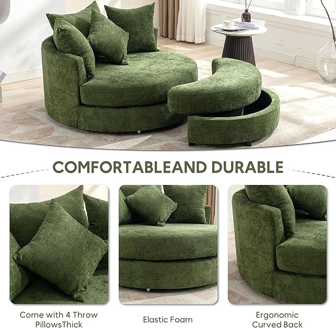 Yoglad Oversized Round Swivel Accent Chair - Modern 360 Degree Barrel Chairs with Storage Ottoman, for Living Room, Bedroom(Chenille - Green)