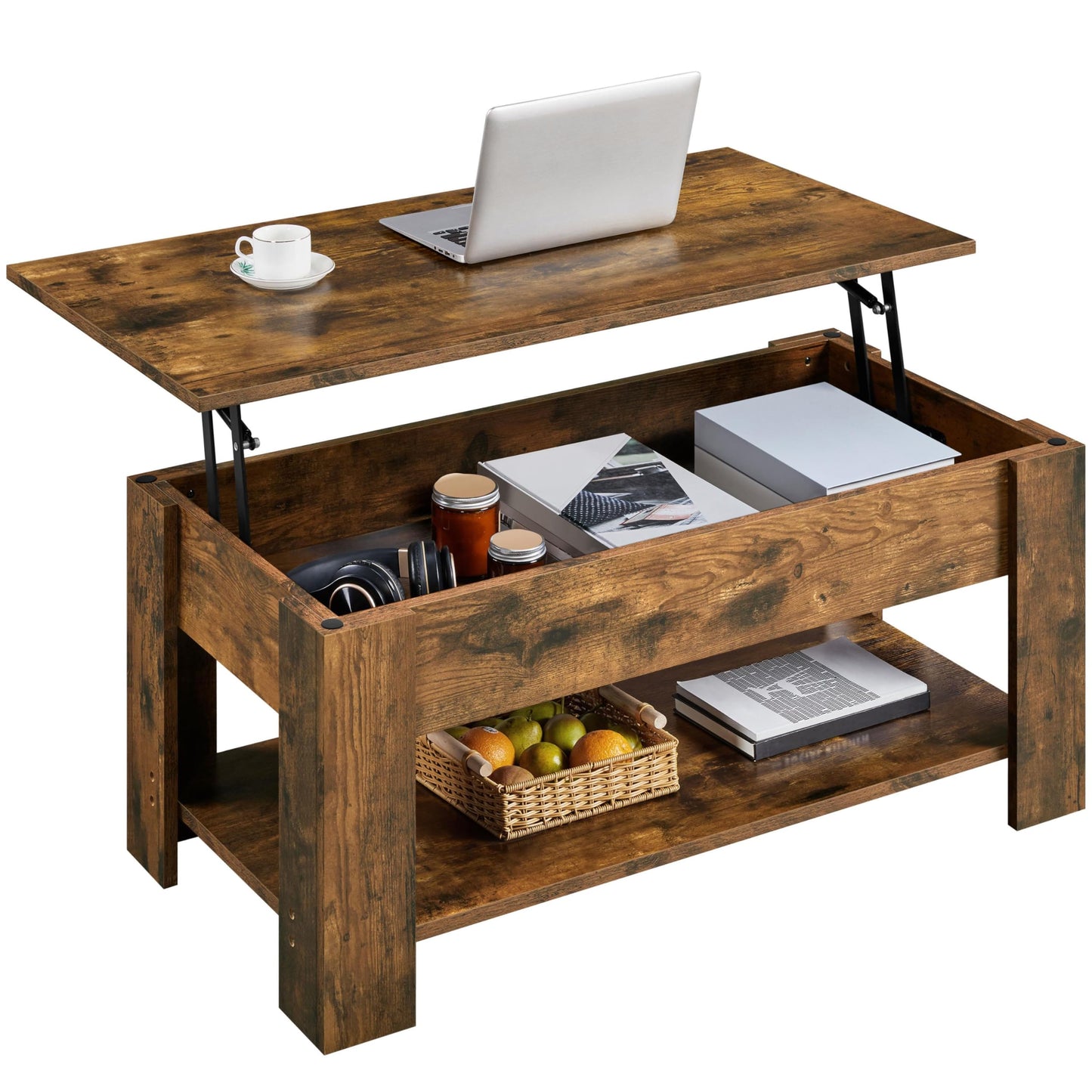 Yaheetech Coffee Table, 47.5in Lift top Coffee Table with Hidden Compartment and Storage Shelf, Lift Tabletop Dining Table for Living Room Reception Room, Rustic Brown