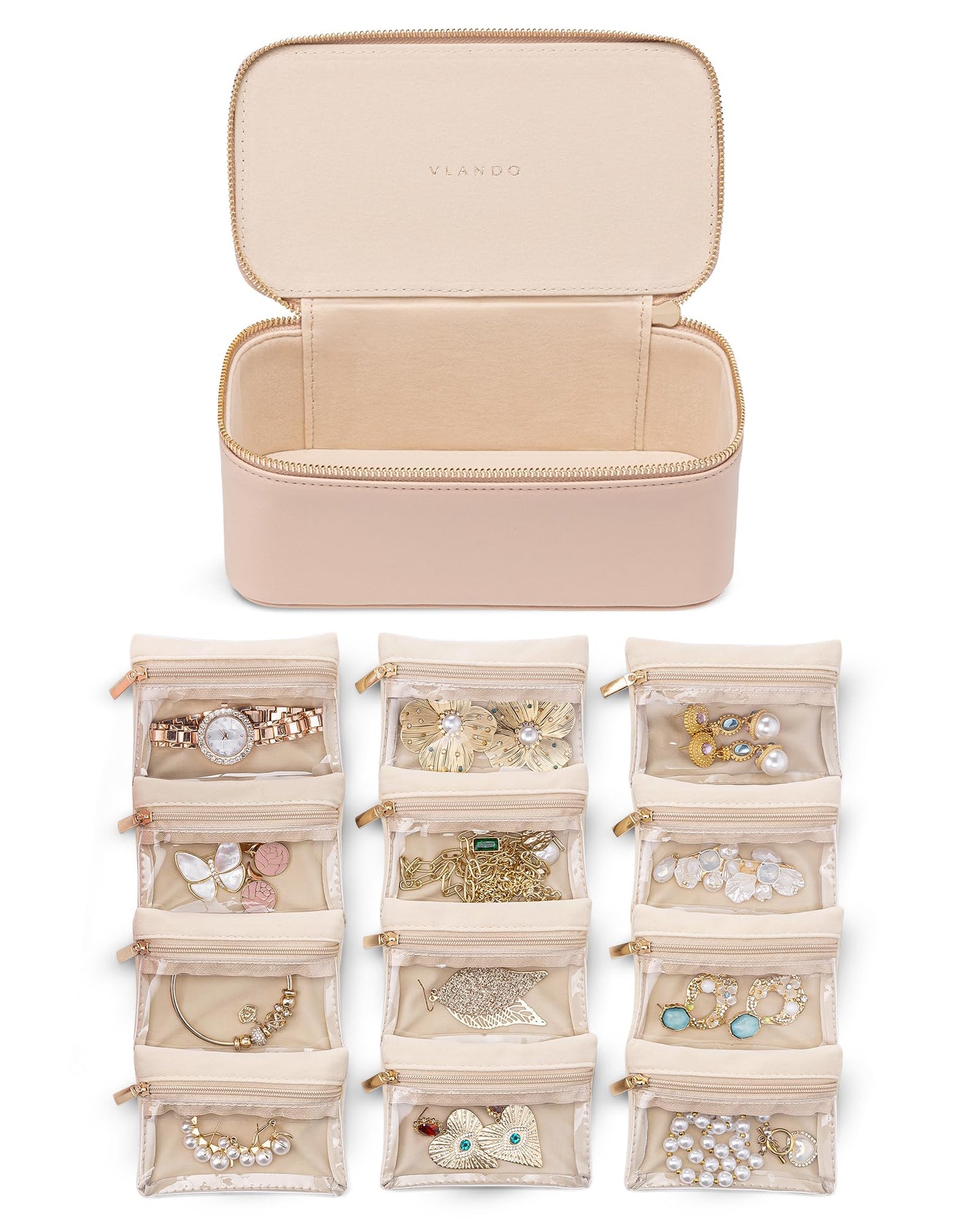 Vlando Jewelry Box for Women,Jewelry Organizer with 12 Pcs Velvet Jewelry Bags,Women Gift Ideas for 50th 60th Birthday, Wedding Gifts for Friends Sister-Khaki