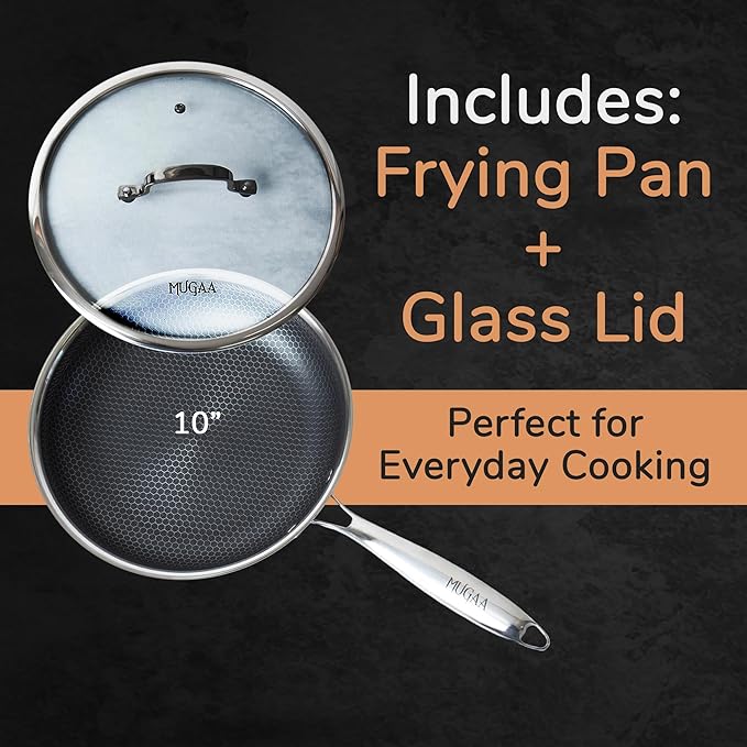 10” Non-Stick Stainless Steel Frying Pan with Lid | Honeycomb Hybrid Skillet for Induction, Gas & Electric Stovetops | Oven Safe, Dishwasher Safe | Premium Gift Packaging