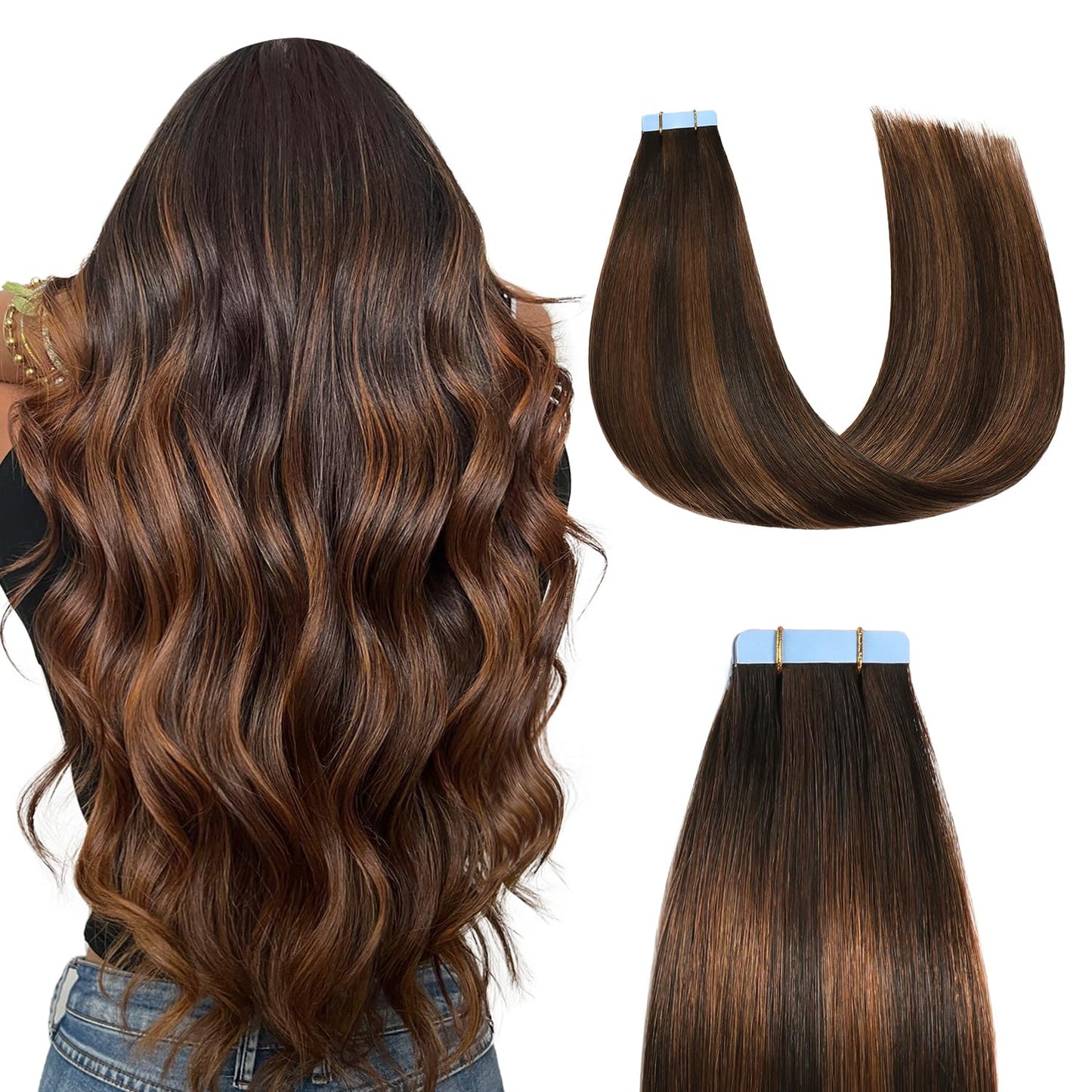 Sunya Tape in Hair Extensions Human Hair Balayage Dark Brown to Chestnut Brown 18 Inch 50g/pack 20pcs Straight Seamless Skin Wef