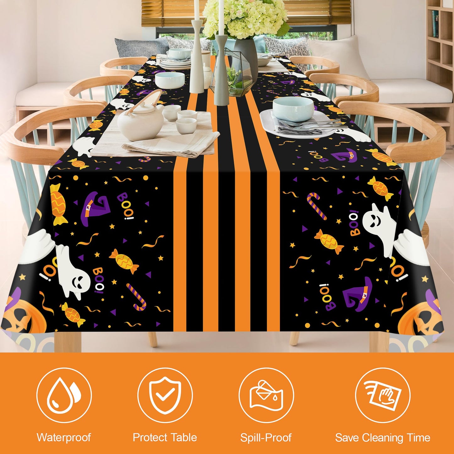 Kelool 2 Pack Halloween Tablecloth 54 x 108 Inch,Plastic Table Cloth Rectangle Disposable,Ghost Black Tablecloths Halloween Decorations,Pumpkin Witch Hat Table Cover for Indoor Outdoor Party Decor