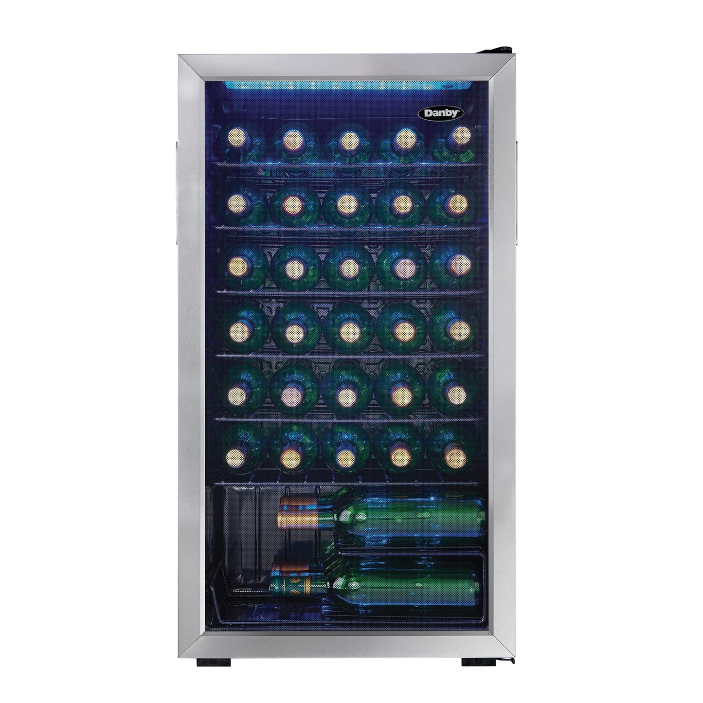 Danby DWC036A1BSSDB-6 3.3 Cu. Ft. Free Standing Wine Cooler, Holds 36 Bottles, Single Zone Fridge With Glass Door - Chiller for Kitchen, Home Bar, Black/Grey