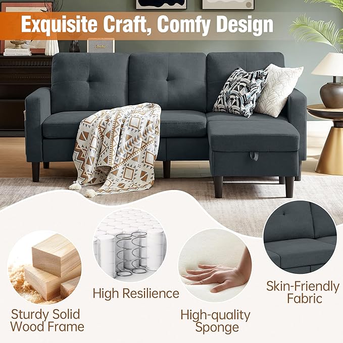 Pingliang Home Sectional Sofa Couches for Living Room, Modular 3 Seats Sectional Sofas L Shaped Couch with Storage and Reversible Chaise, Linen Fabric, 79" (Dark Grey)