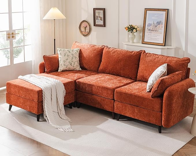 Rexulqo 104'' Modular Sectional Sofa with All Seats Storage, Oversized L Shaped Couch for Living Room,3-Seater Comfy Cloud Couches with Movable Ottoman,Big Sectional for Bedroom,Velet,Orange
