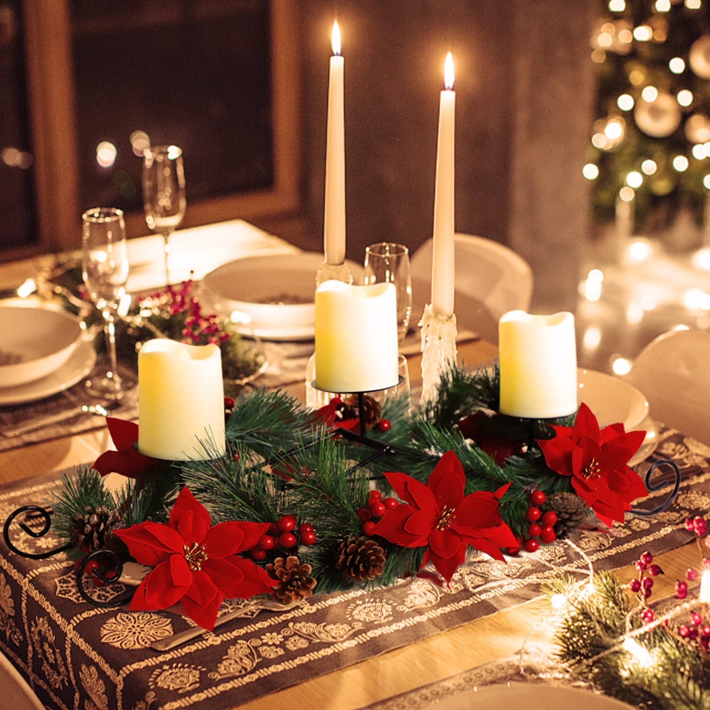 MorTime Christmas Centerpiece with 3 Candle Holders, Xmas Tabletop Decor with Red Flowers Berries Pinecones Steel Base for Indoor Home Christmas Decoration