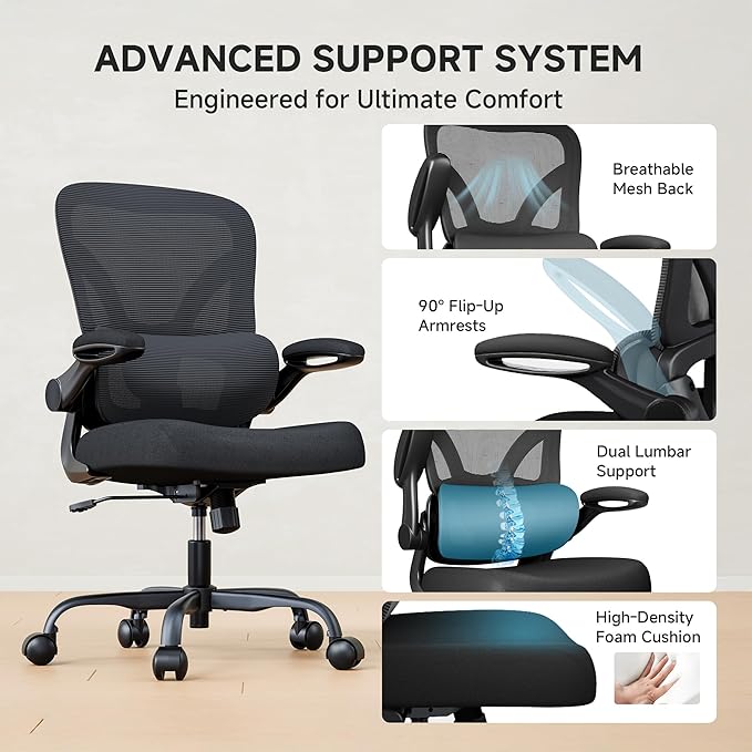 PKPT Mesh Office Chair, 330LBS Ergonomic Desk Chair with Adjustable Lumbar Support, Executive Computer Chairs for Home Office, Black
