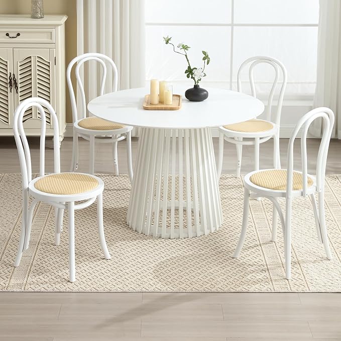 DM Furniture Rattan Dining Chairs Set of 2 Mid-Century French Bistro Chairs Solid Bentwood Wedding/Cafe Chairs with Backrest for Dining/Kitchen Room No Assembly Required, Home, White