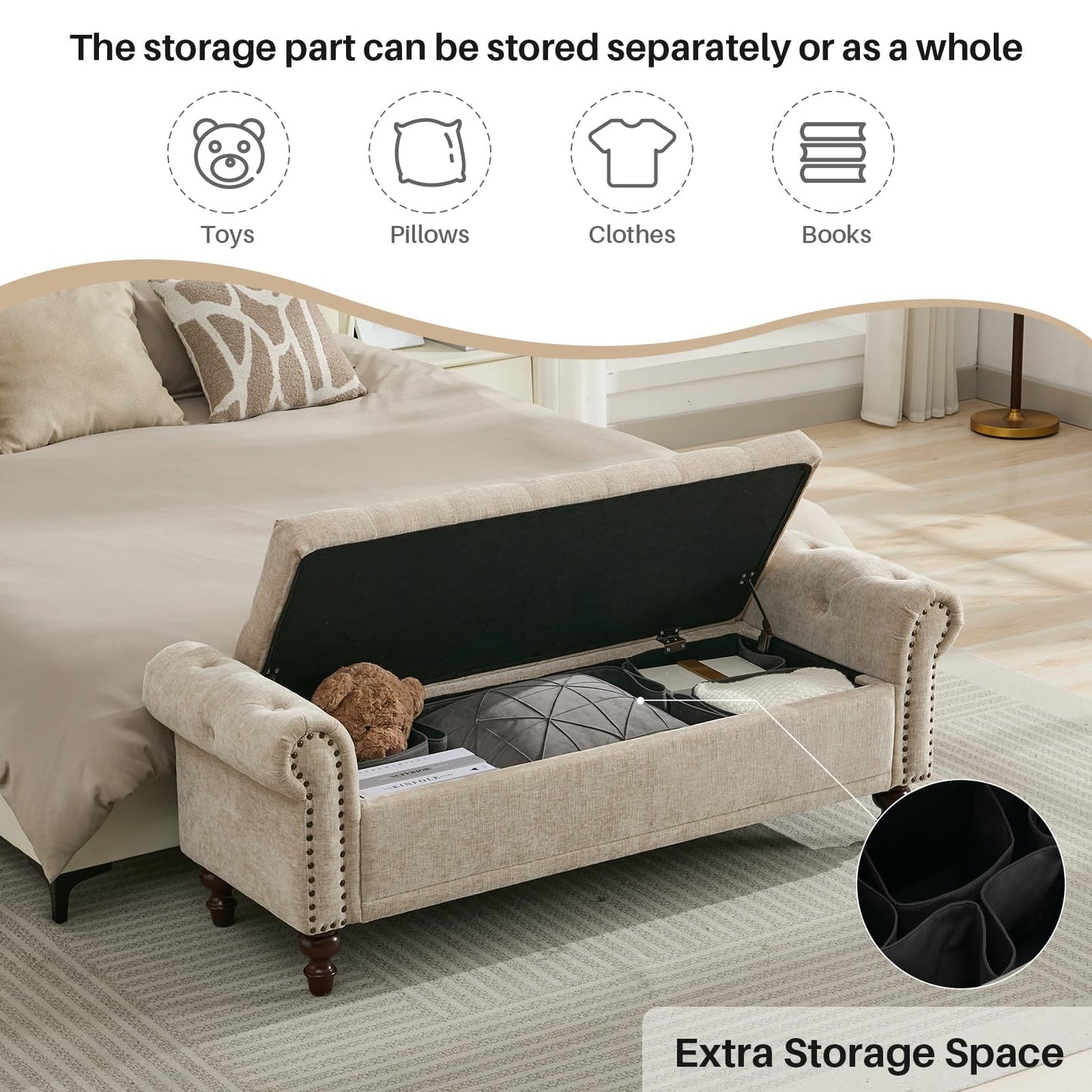 SOFTHION 58.1'' Storage Bench Upholstered Chenille End of Bedroom Bed Bench Ottoman with Tufted Cushioned Rolled Arm Large Storage Space for Reading Living Room Entryway, Light Brown