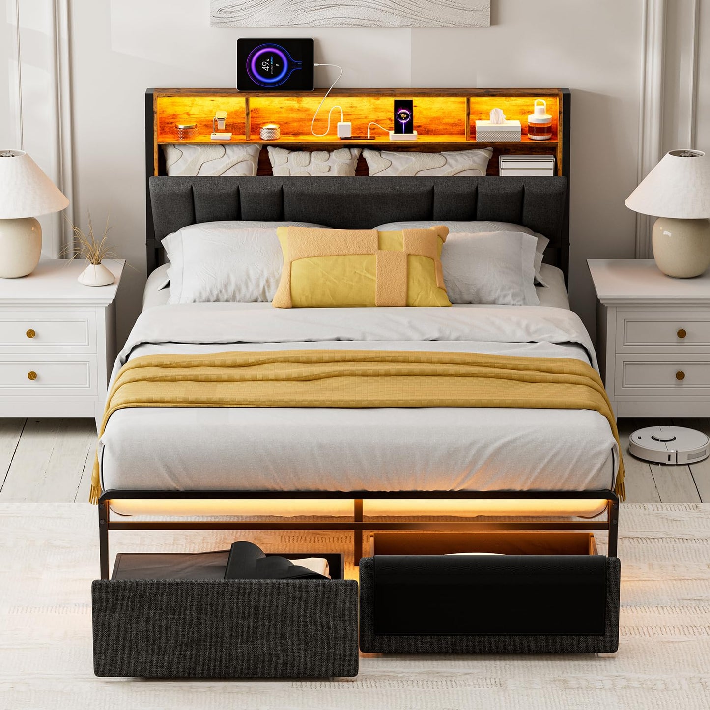 AOVSA Queen Bed Frame with Ergonomic Hidden Storage headboard & Dustproof Drawers, Upholstered Platform Bed with LED Lights and Charging Station, Easy Assembly, No Box Spring Needed, Dark Grey