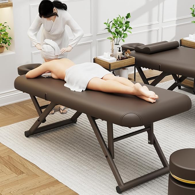 pouseayar Adjustable Massage Table with Face Pillow & Headrest, Sturdy and Solid, Silent and Easy to Adjust - Adjustable Backrest, Brown