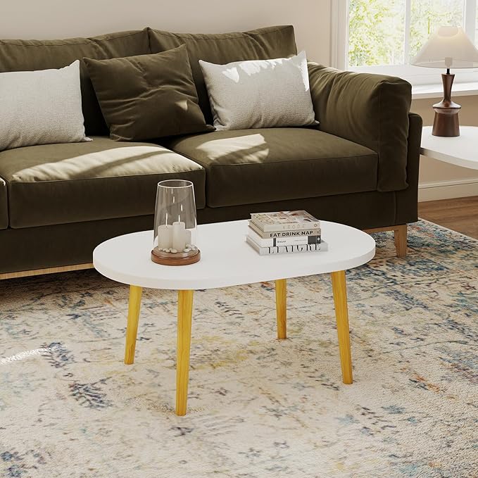 Funecy Coffee Table Low Table with Solid Wood Sturdy Legs, Floor Table Desk for Sitting on The Floor, Storage and Living Room Furniture (White-Oval)