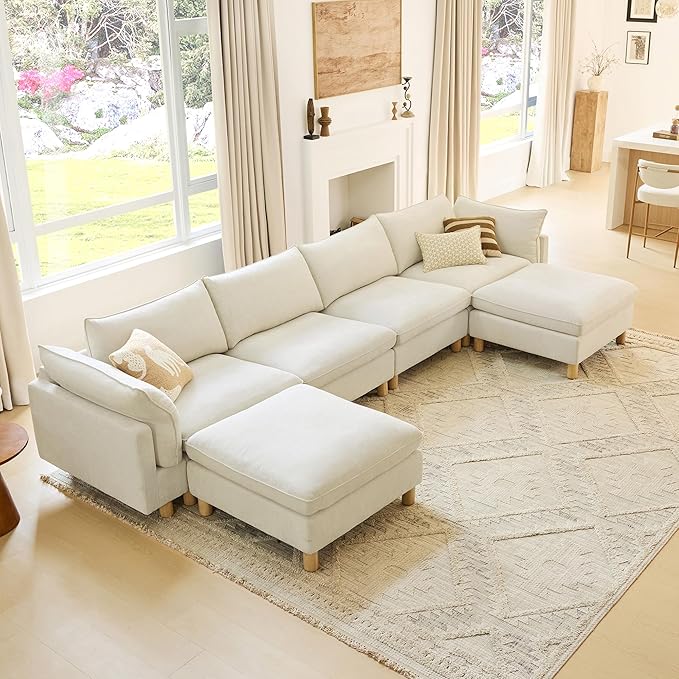 CHITA 161" Super Large Sectional Couches for Living Room, Modular Cloud Couch Sectional Sofa, Premium Fabric Couches, Down Filled, High Density Foam, Chenille in Cream, 6 Seat U Shaped