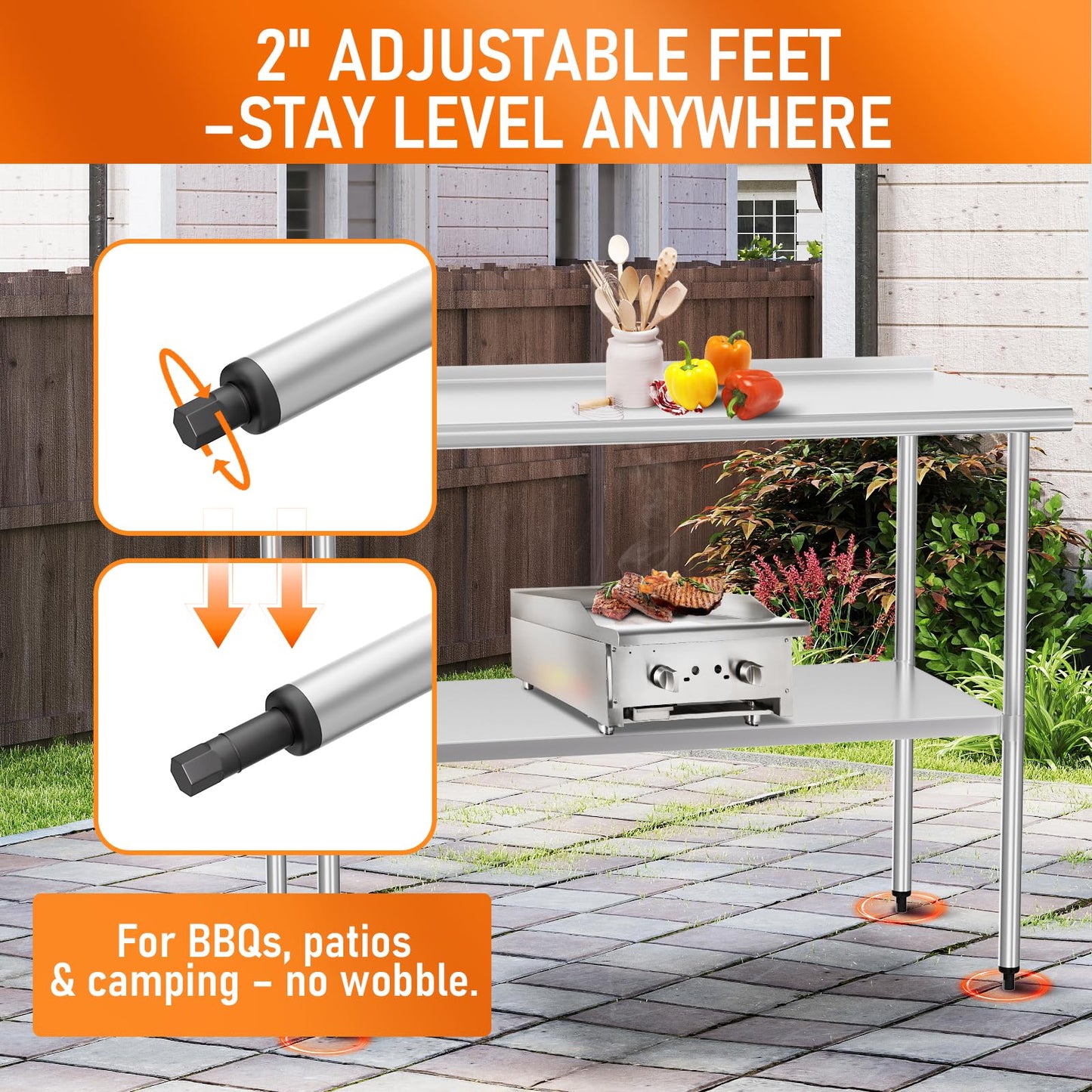 HOCCOT Stainless Steel Work Table 24" x 48" with Adjustable Undershelf and Backsplash, Commercial Workstations for Kitchen, Garage, Outdoor BBQ