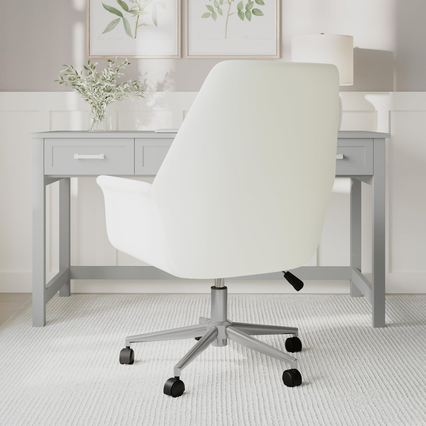 Martha Stewart Maxine Swivel Task Chair with Flared Armrests for Home Office in White Faux Leather with Polished Nickel Frame