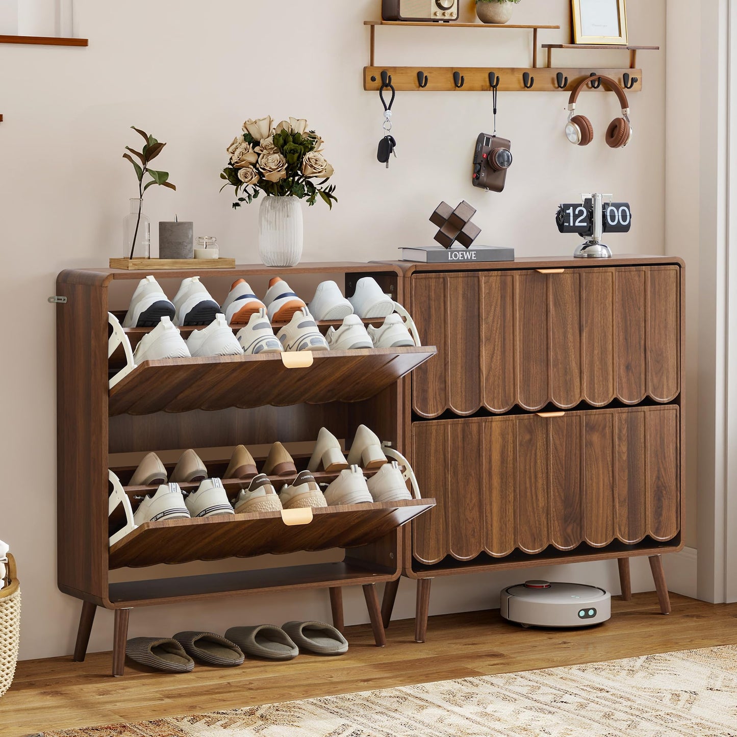 Shoe Storage Cabinet for Entryway with 2 Flip Drawers, Freestanding Narrow Wood Shoe Cabinet with Wave Panel, Hidden Shoe Organizer for Foyer, Hallway (Walnut)